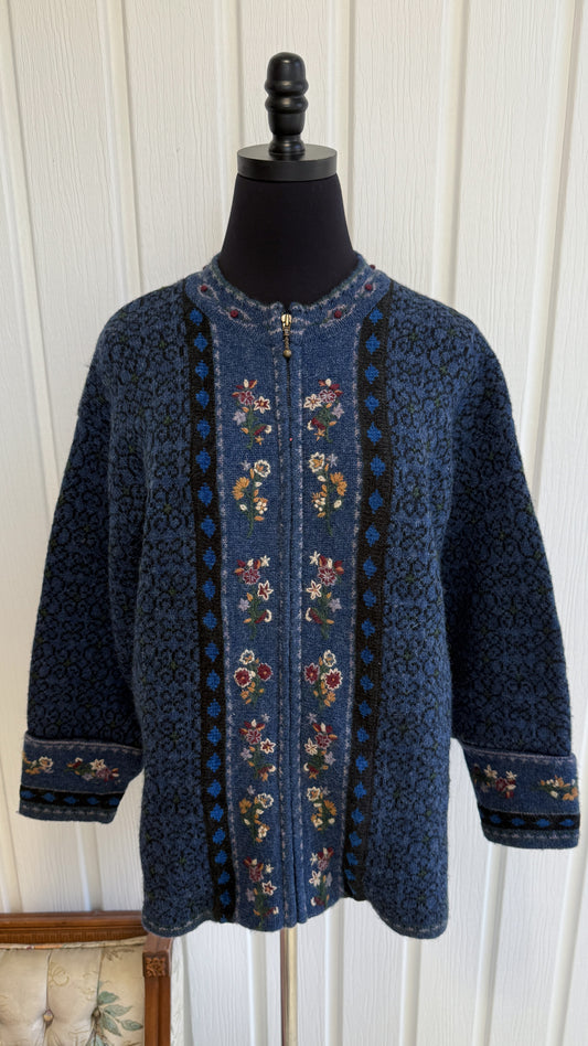 Veste en lainage bleu fleuris- large