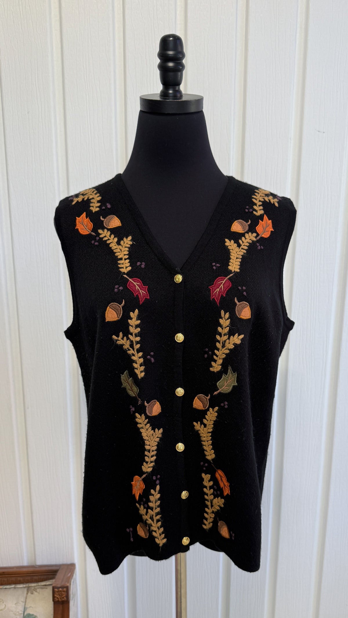 Veste sans manche en tricot noir feuilles- medium