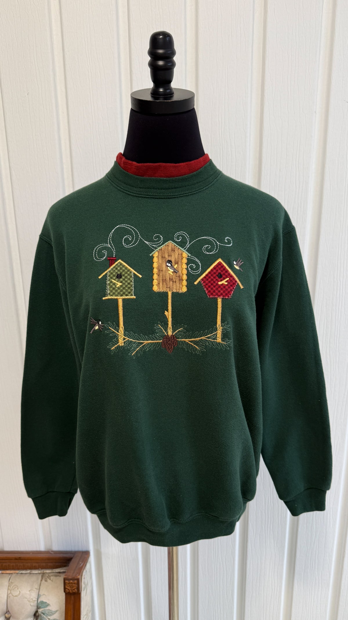 Chandail crewneck vert cabanes oiseaux- small