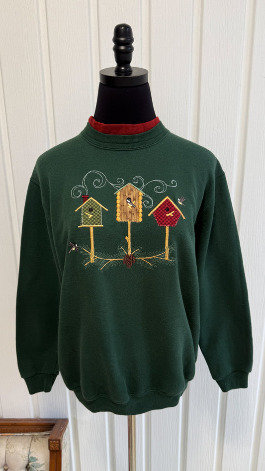 Chandail crewneck vert cabanes oiseaux- small