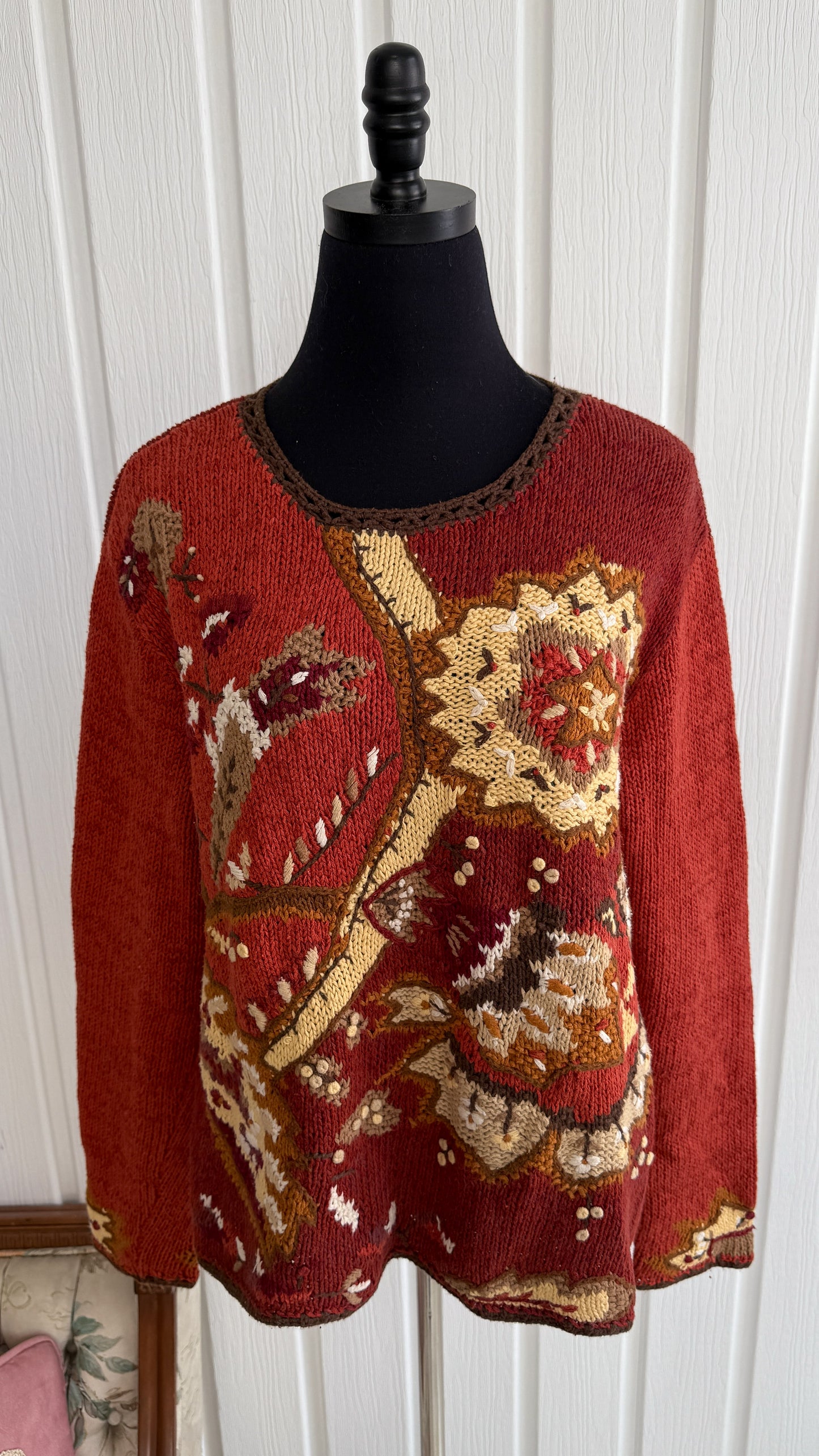 Chandail en tricot orange fleuris- large