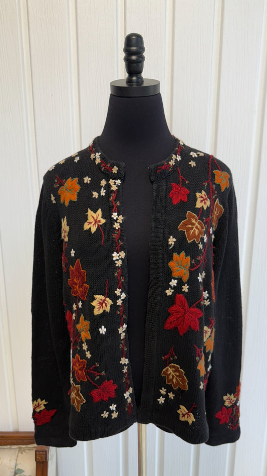Cardigan tricot noir fleurs et feuille- small