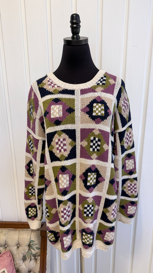 Chandail tricot beige morifs carrés- large
