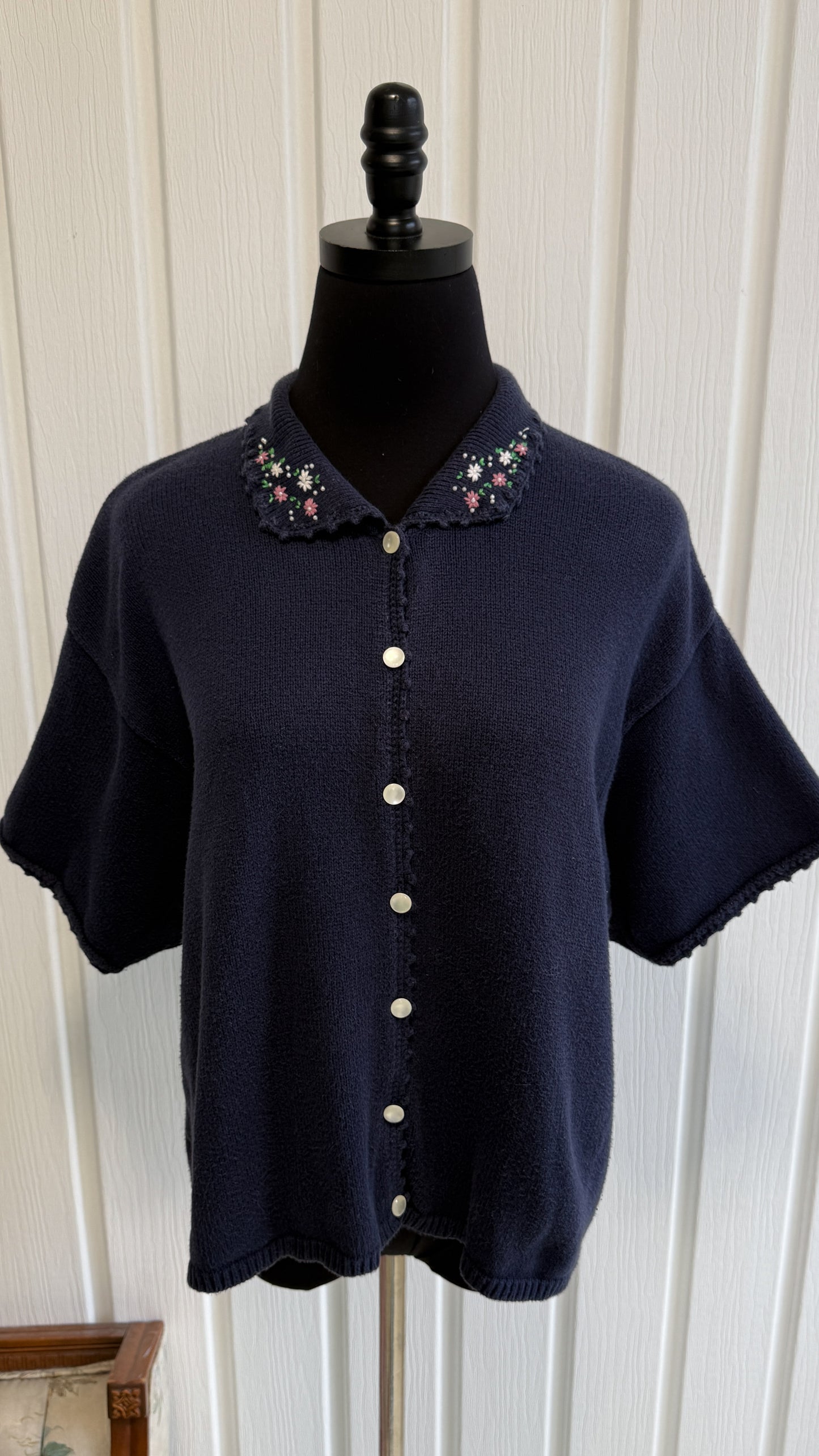 Cardigan tricot marine fleuris- large