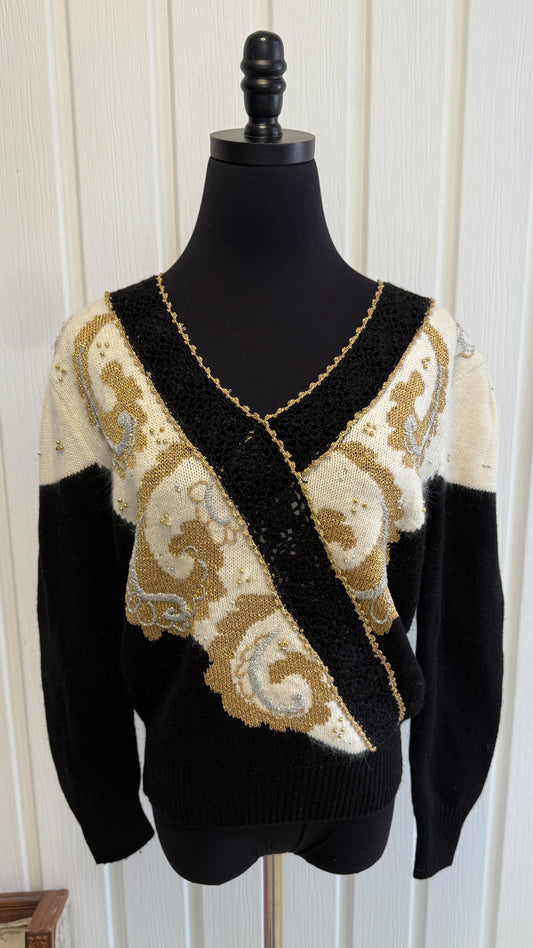 Chandail tricot noir motifs dorés- medium