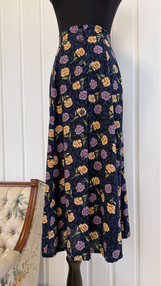 Jupe marine fleurie mauve et beige- medium