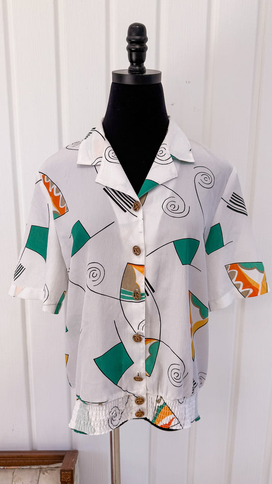 Chemisier blanc motifs turquoise- large