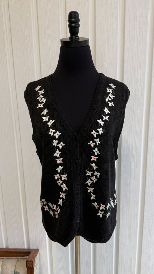 Gilet en tricot noir fleuris- medium
