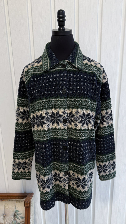 Navy and green patterned fleece jacket - medium