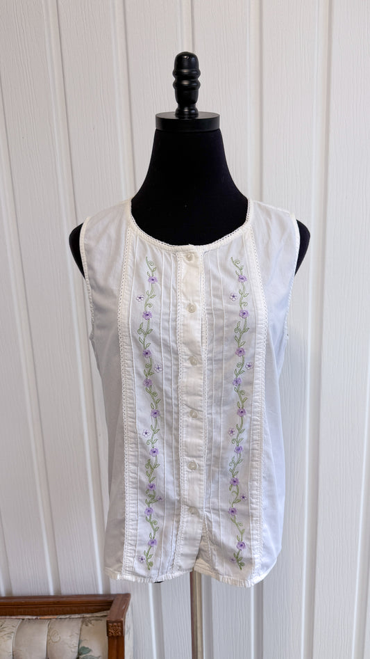 Haut sans maches blanc fleuris mauve- medium