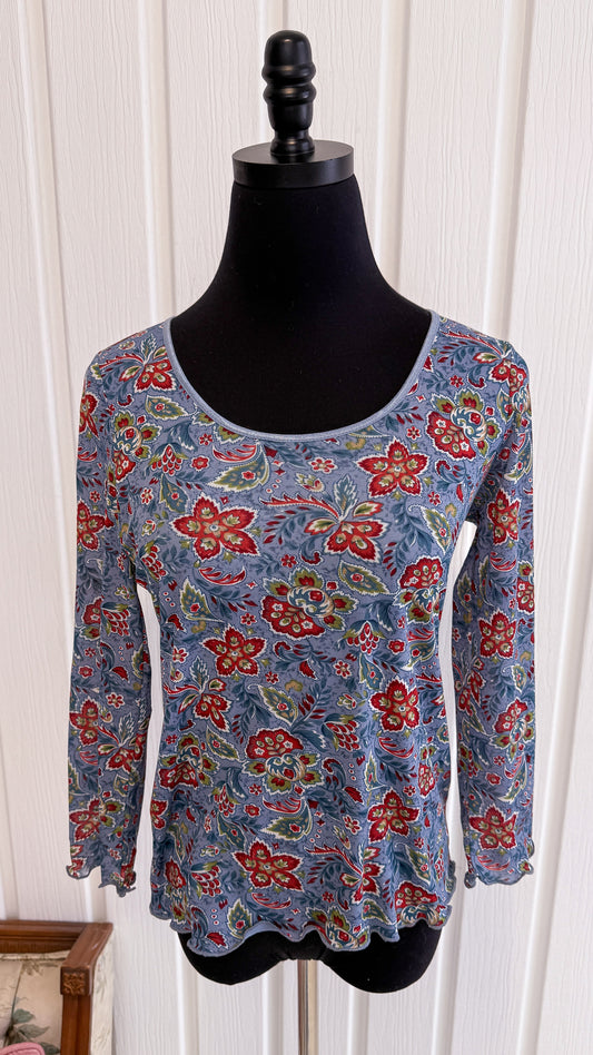 Chandail bleu fleuris rouge- small