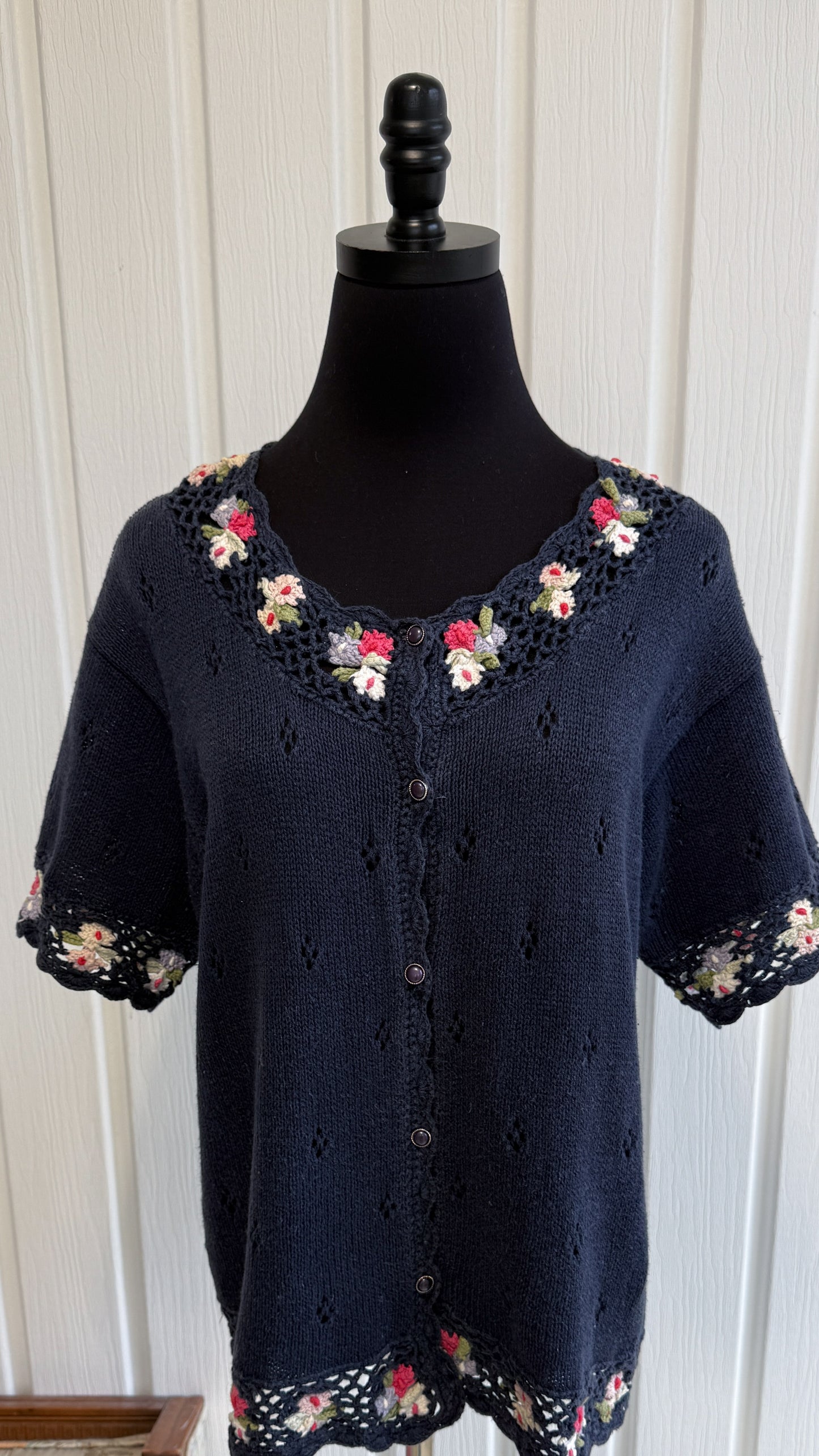 Cardigan tricot marine fleuris - large