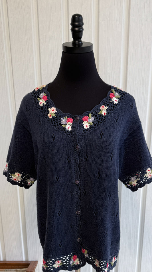 Cardigan tricot marine fleuris - large
