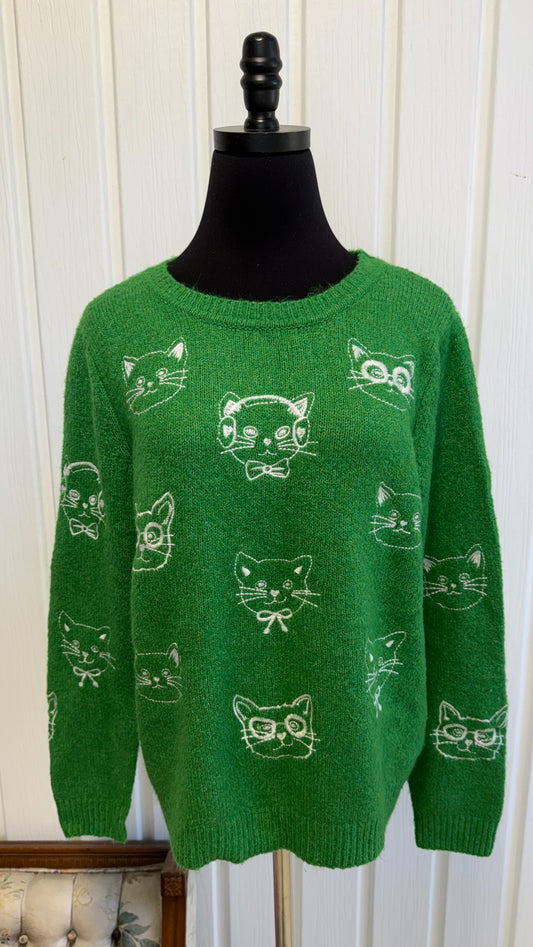 Chandail tricot vert chats- medium