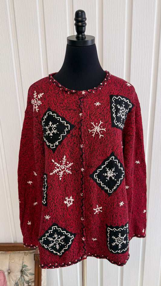 Chandail tricot rouge et noir flocons- large