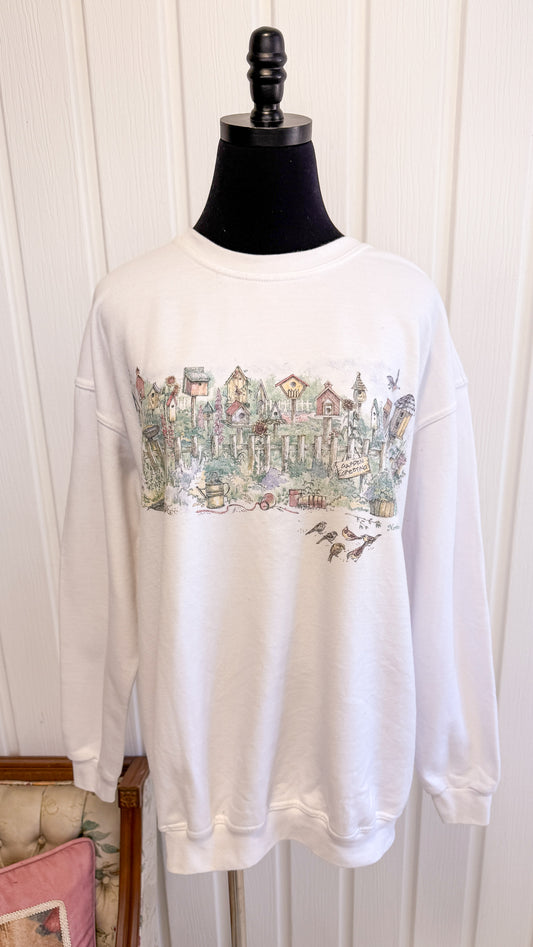 Chandail crewneck blanc cabanes oiseaux- x-large