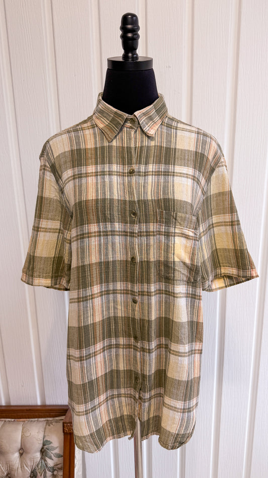 Chemisier carreauté vert et beige- medium