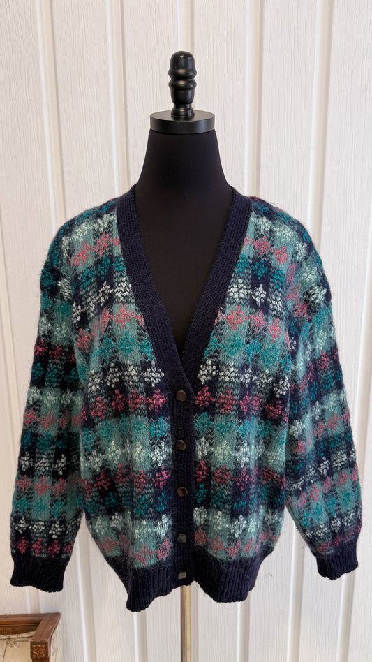 Cardigan en mohair turquoise et bleu- medium