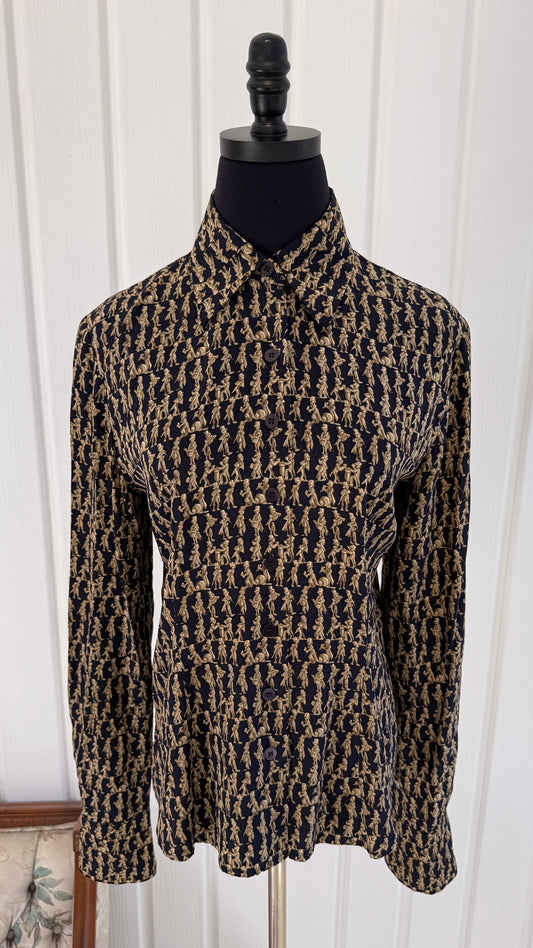Navy silk blouse with musician print - medium