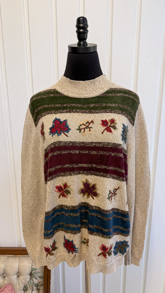 Chandail tricot beige feuilles - medium