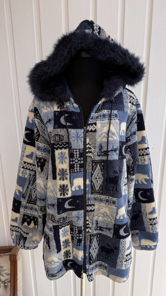 Blue nature-patterned fleece jacket - large