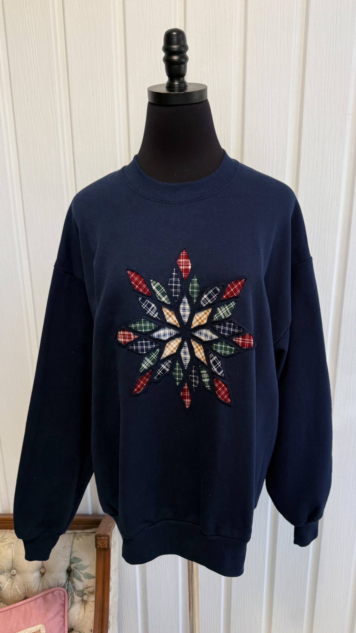 Chandail crewneck marine fleur carreauté- large