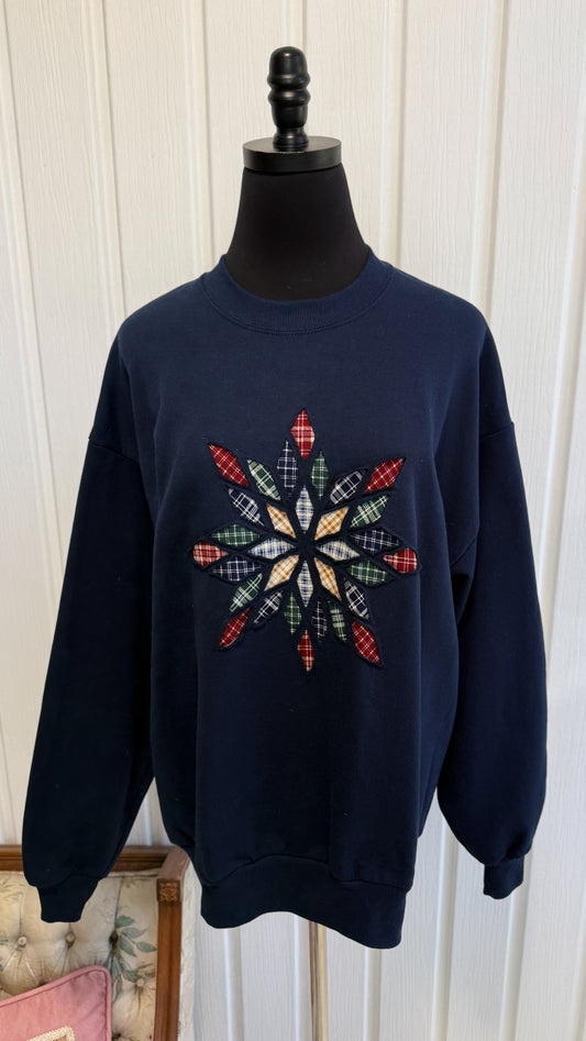 Chandail crewneck marine fleur carreauté- large