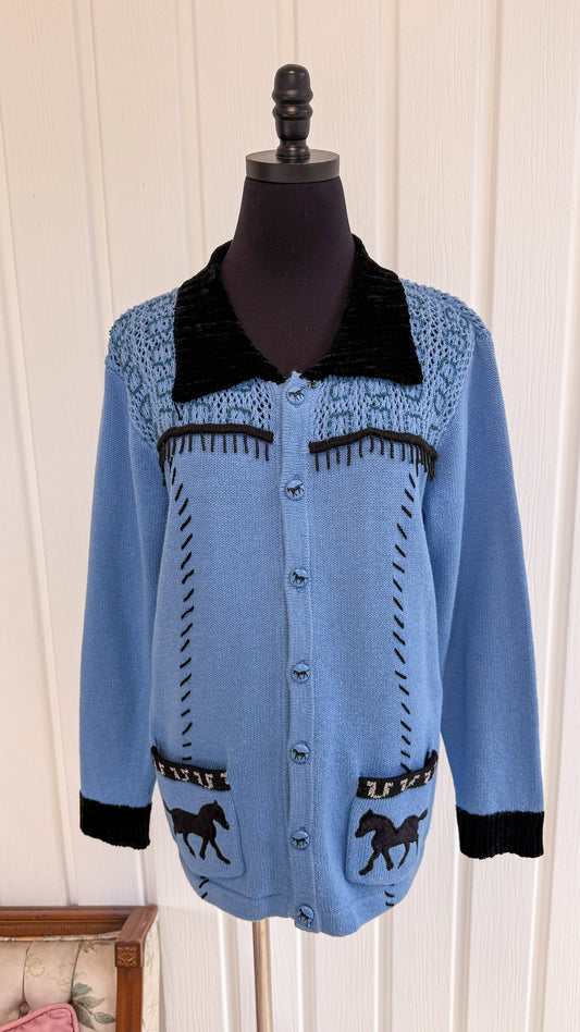 Cardigan tricot bleu chevaux- small