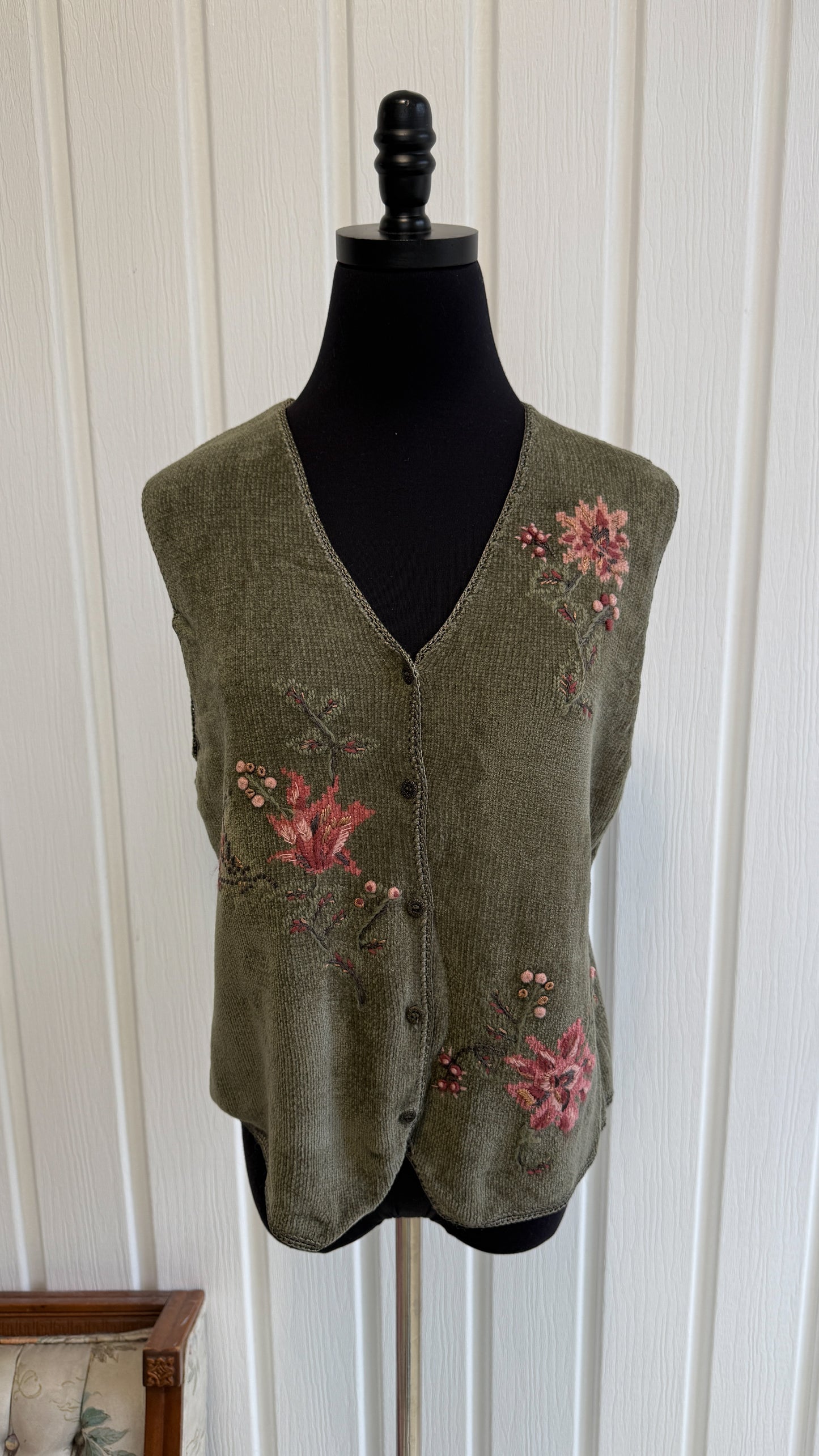 Gilet tricot velours vert fleuris- medium