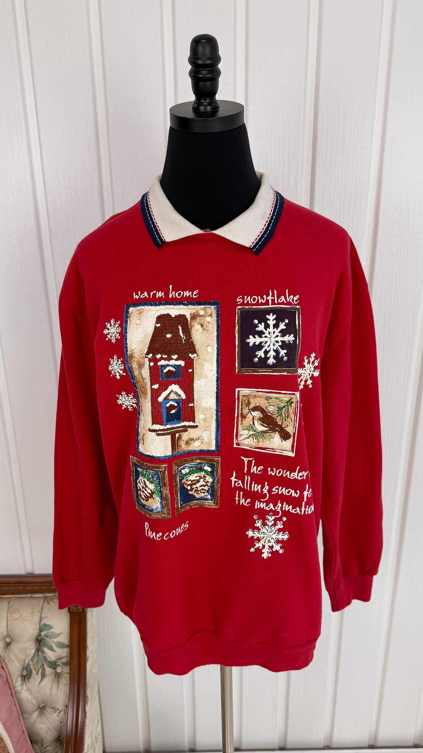 Red crewneck sweater with wide collar