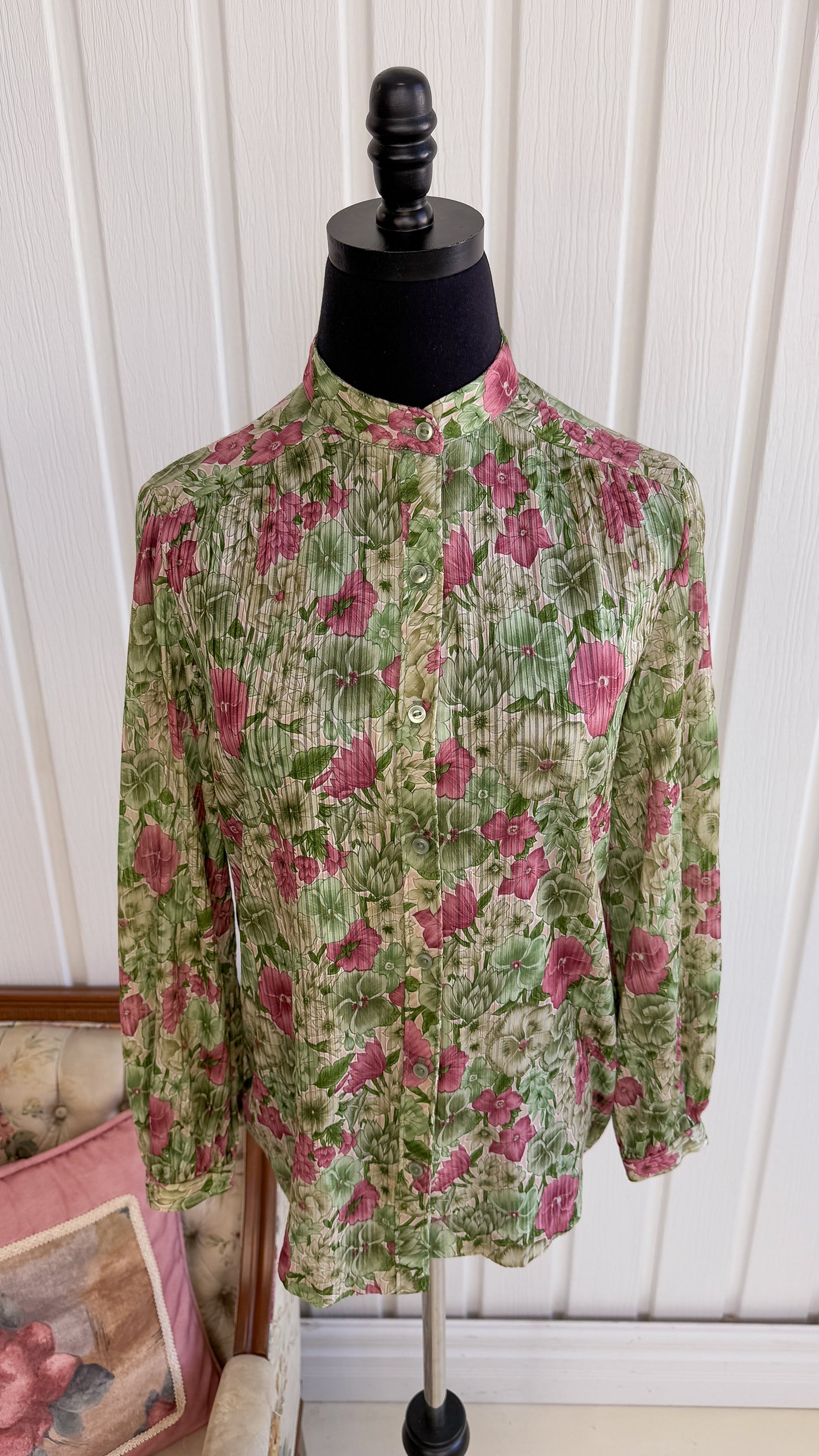 Chemisier vert fleuris rose- large