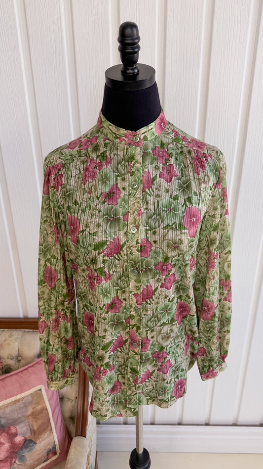 Chemisier vert fleuris rose- large