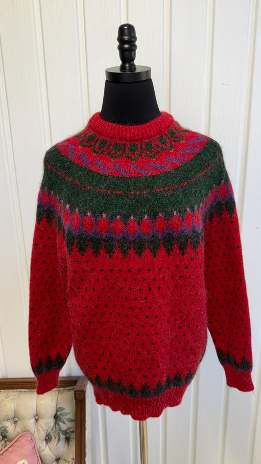 Chandail tricot lainage rouge à motifs- small