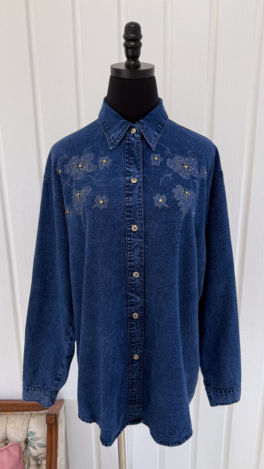 Chemisier en denim brodé fleuris- large