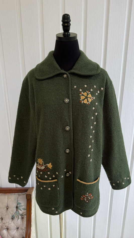 Manteau en lainage vert fleurie- medium