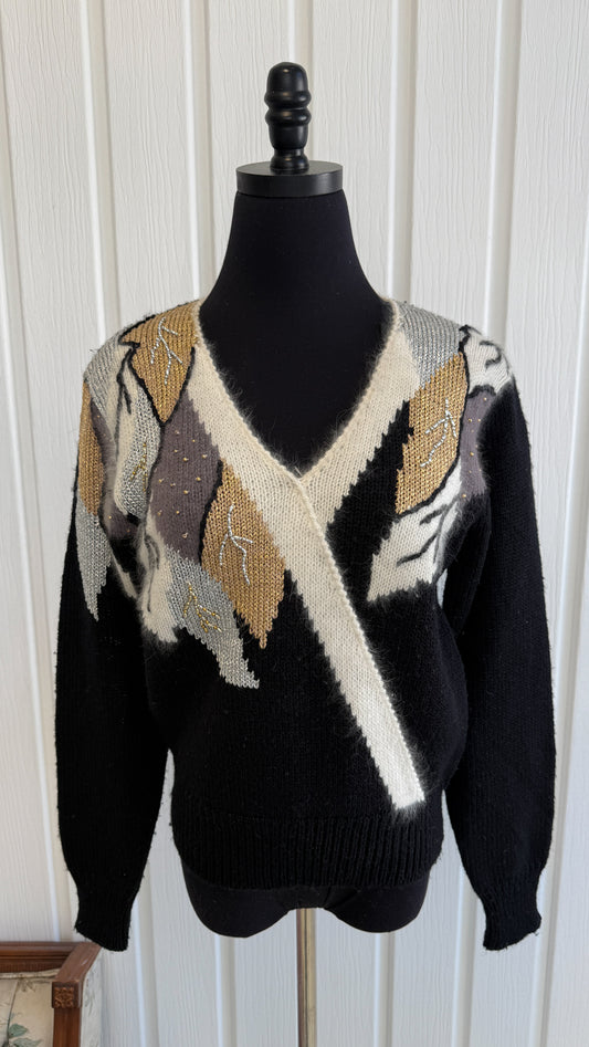 Chandail tricot noir motifs feuilles dorés- small