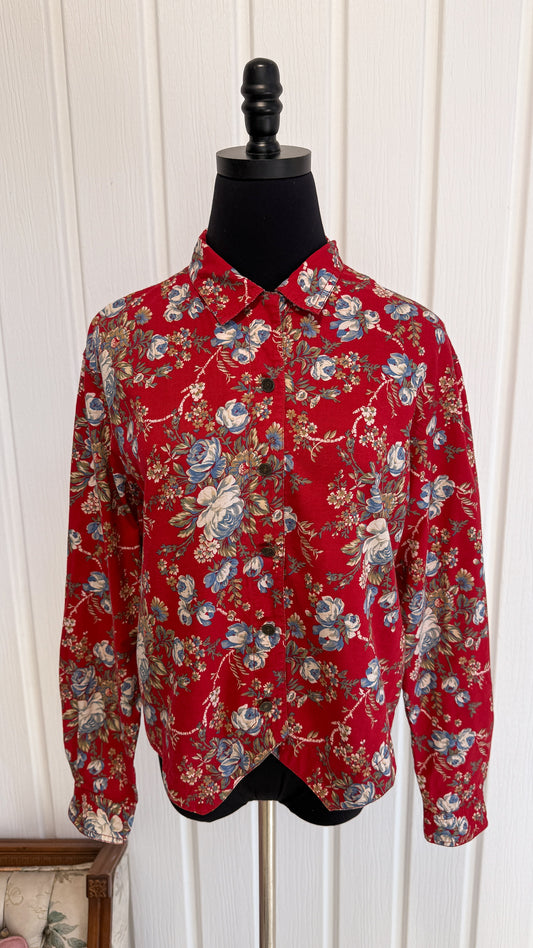 Red blouse with blue and beige floral print - medium