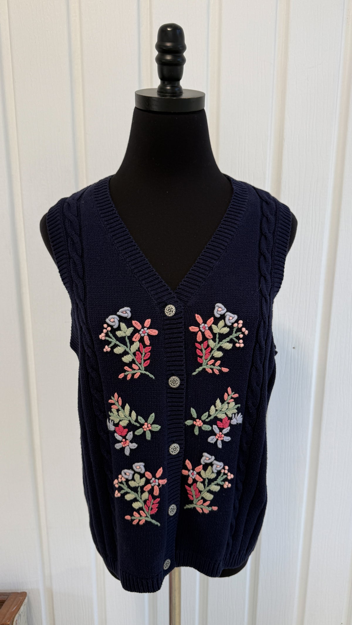 Gilet en tricot marine fleuris- medium