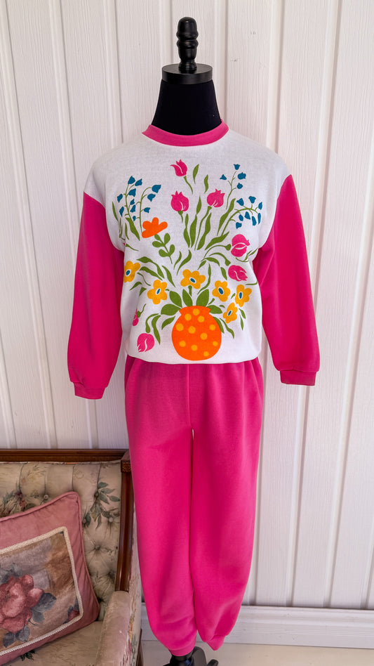 Ensemble jogging rose fleuris- small