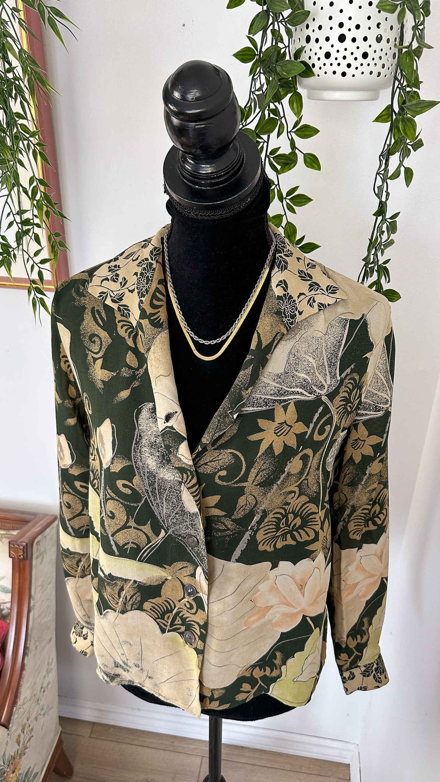 Chemisier fleuris vert et beige- small