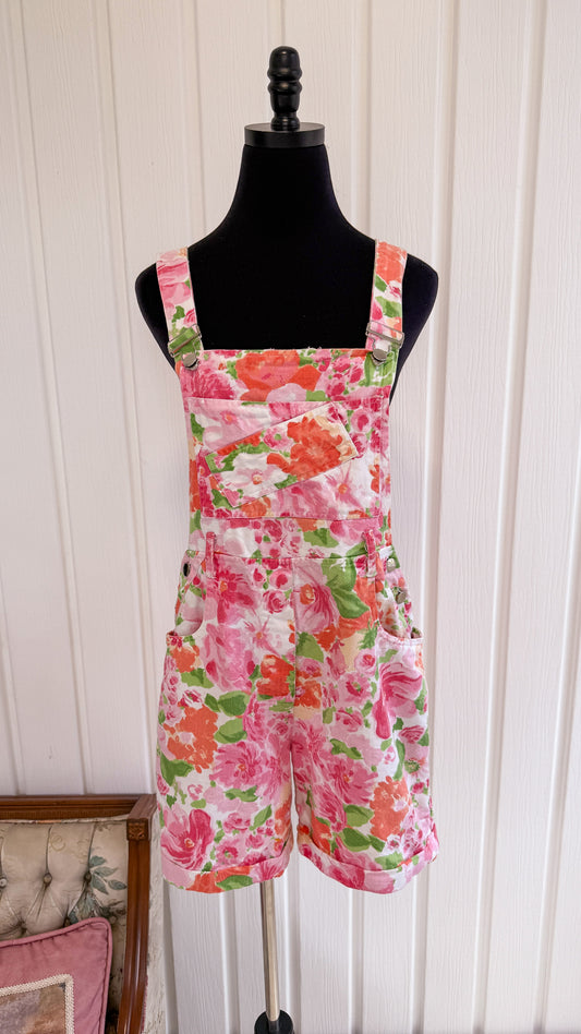 Salopette en jeans fleurie rose- small