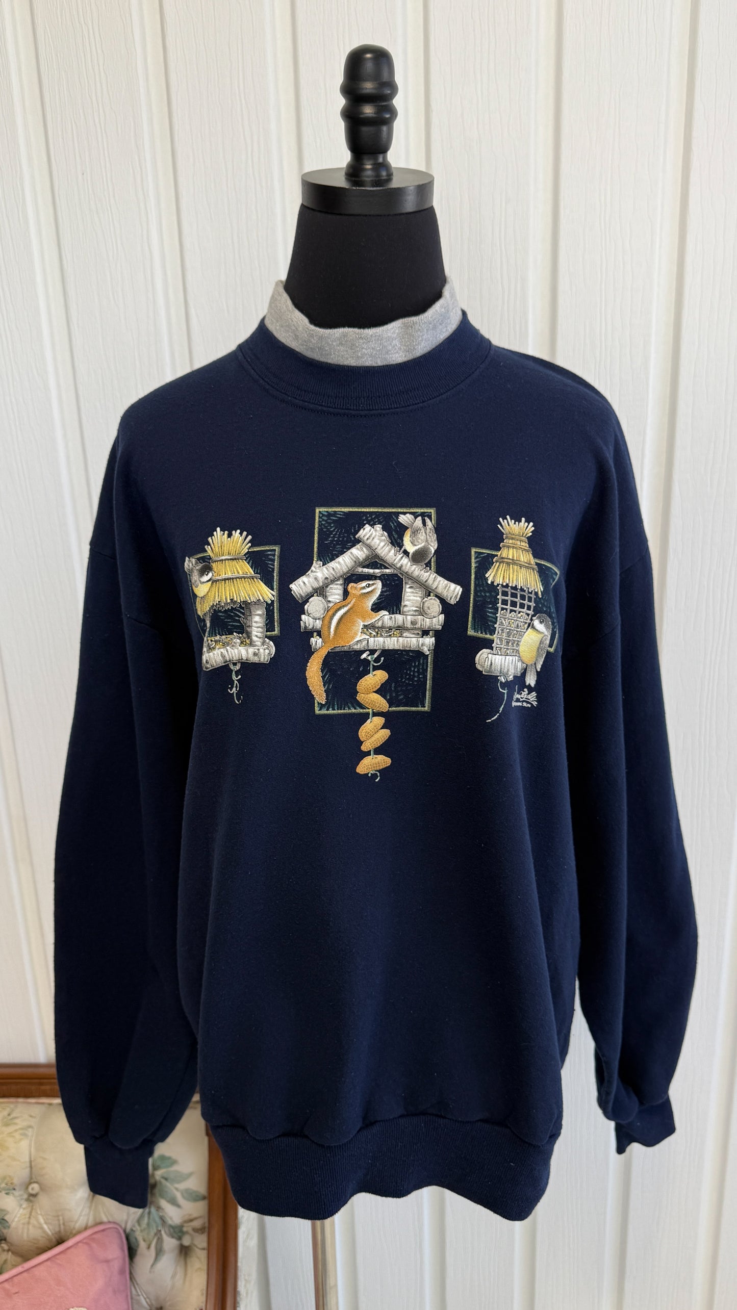 Chandail crewneck marine cabanes oiseaux- large