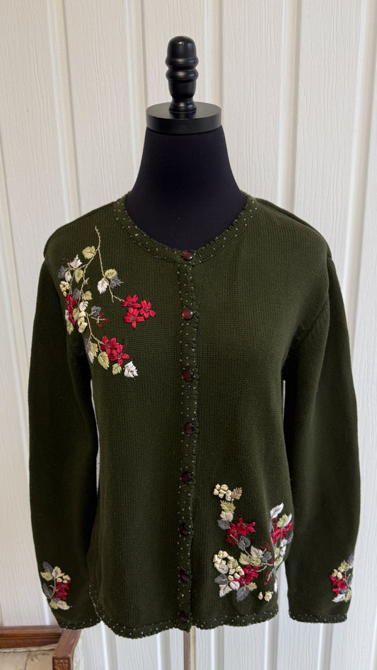 Cardigant tricot vert fleuris- small