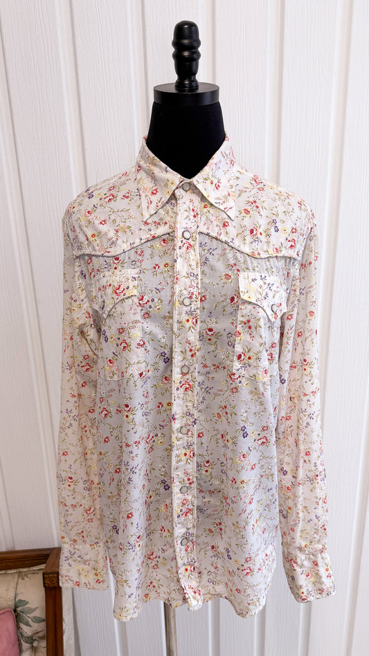 Chemisier blanc fleuris rose et mauve- medium