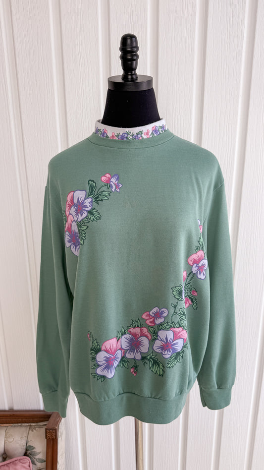 Chandail crewneck vert menthe fleuris- medium