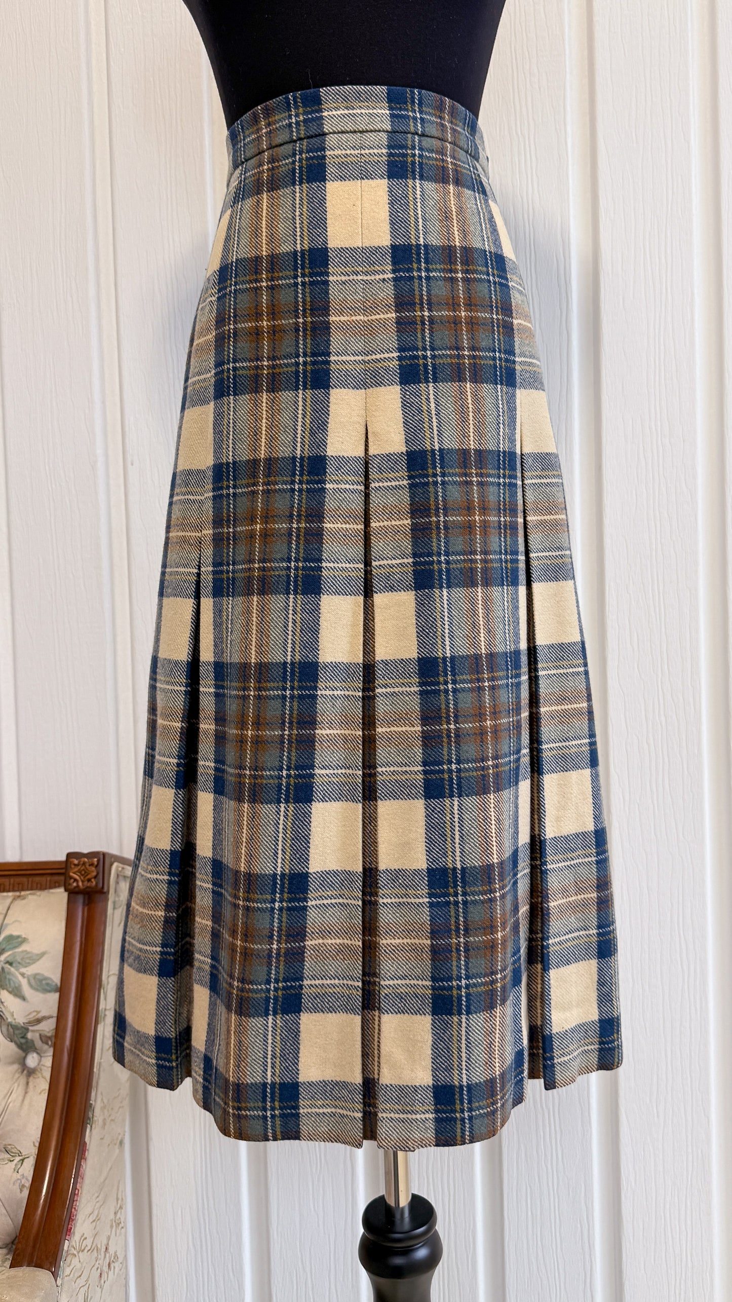 Jupe en lainage carreauté beige et bleu- small