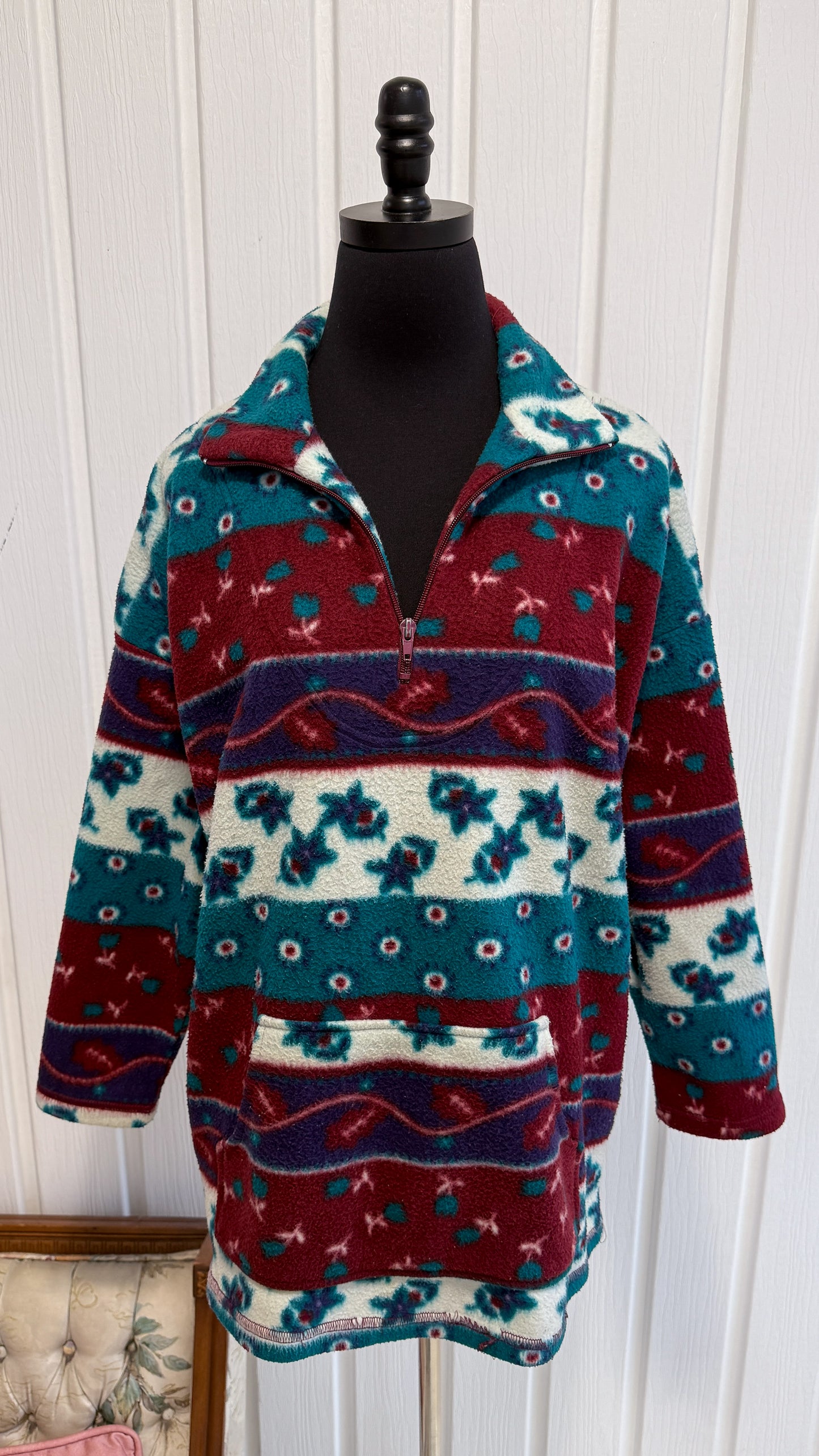 Chandail en polar bourgogne et bleu fleuris- large
