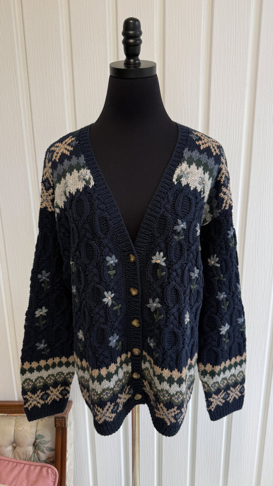 Cardigan tricot marine fleuris- medium