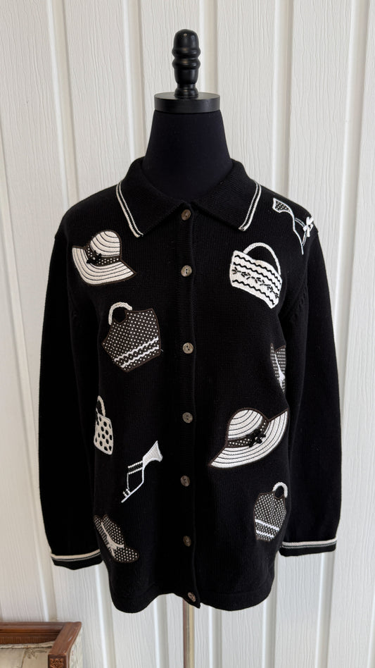Cardigan tricot noir et blanc chapeaux- medium