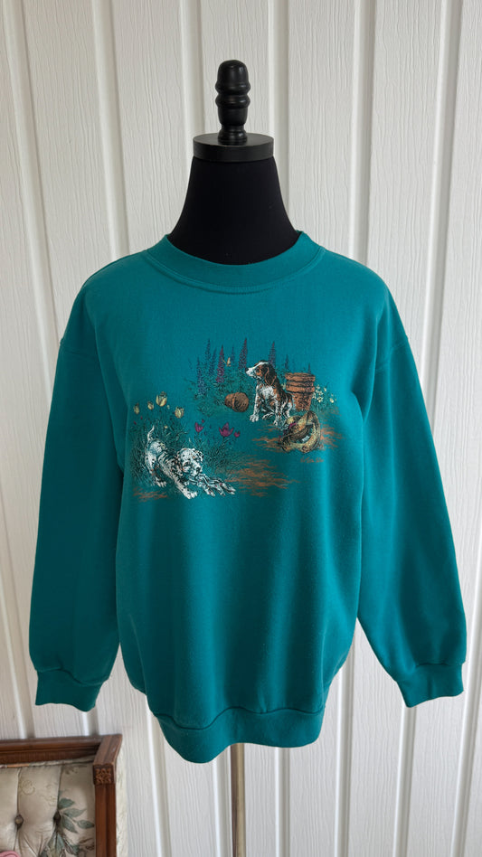 Chandail crewneck turquoise chiots- medium